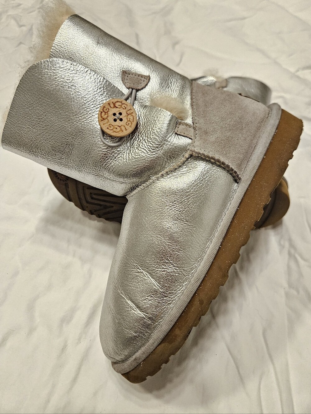 UGG Classic Bailey Button Metallic Silver Boots - Women’s Size 7